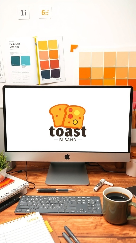 A digital logo design for a toast brand on a screen, surrounded by design tools and warm colors.